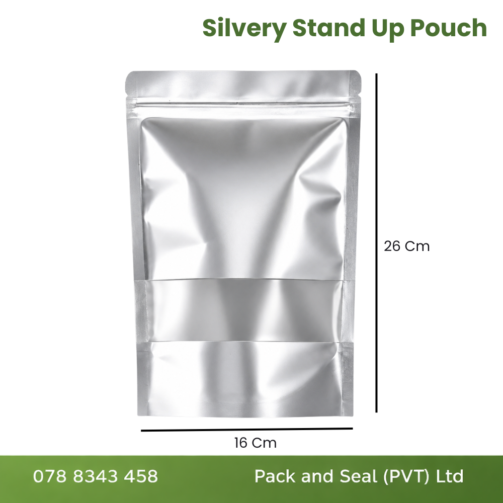 Retail - Silvery Stand Up Pouch 50 Pcs ( 16 Cm x 26 Cm )