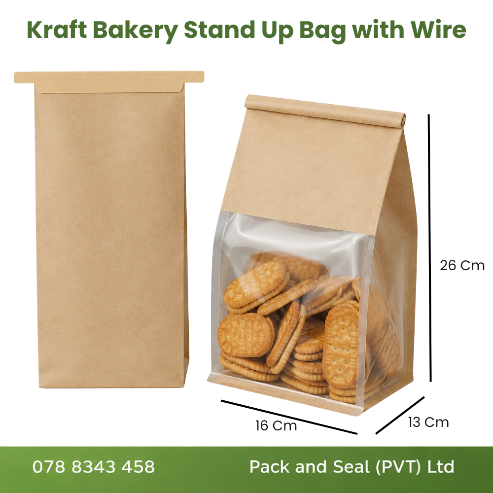 Retail - Brown Craft Bakery Stand Up Bag with Wire 50 Pcs ( 16 Cm x 26 Cm + 13 Cm )